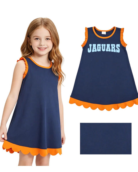 Cotton Scalloped Dress - Navy with Orange Trim
