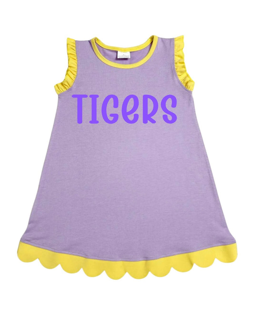 Cotton Scalloped Dress - Purple With Yellow Trim