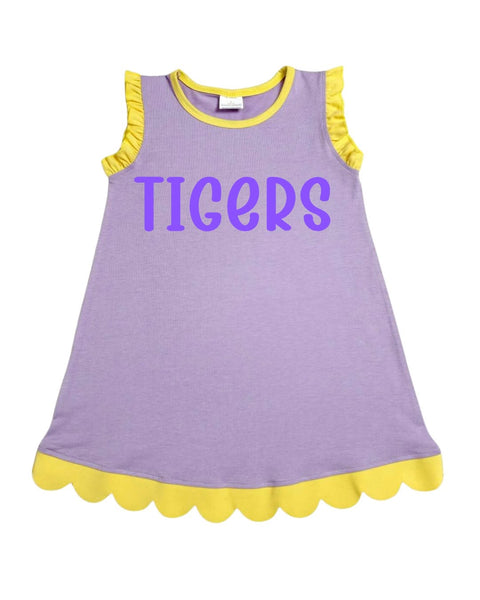 Cotton Scalloped Dress - Purple With Yellow Trim