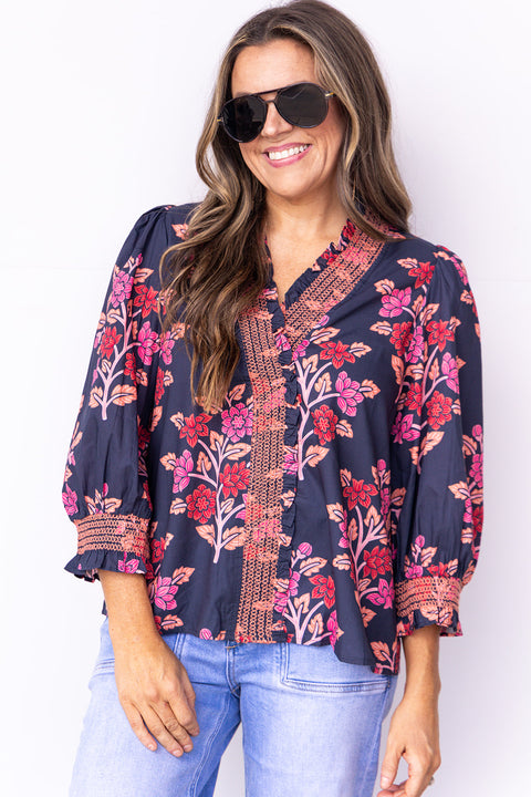 Enchanted Florals Top - Navy
