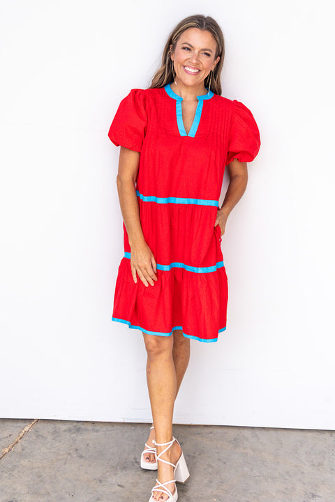 At The Library Dress - Red/Blue