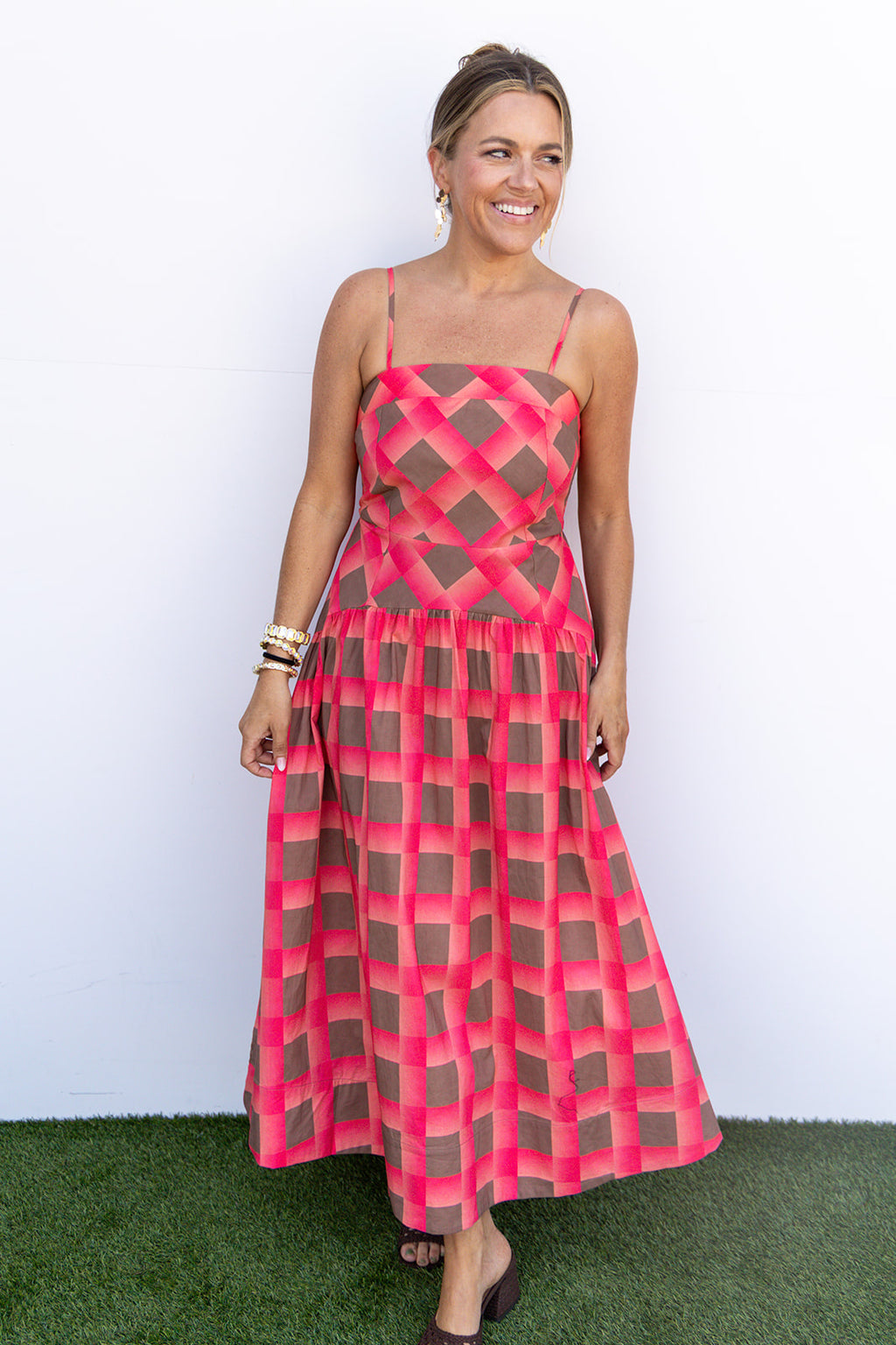 Check me out Pink and Brown Plaid maxi dress