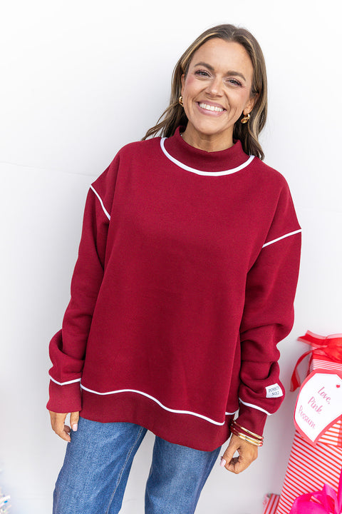 Off Duty Piped Mock Neck Sweatshirt - Maroon