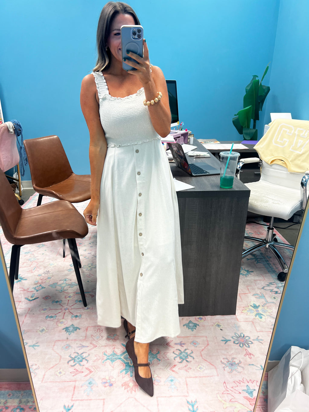 The Meadow Breeze Smocked Midi- Khaki