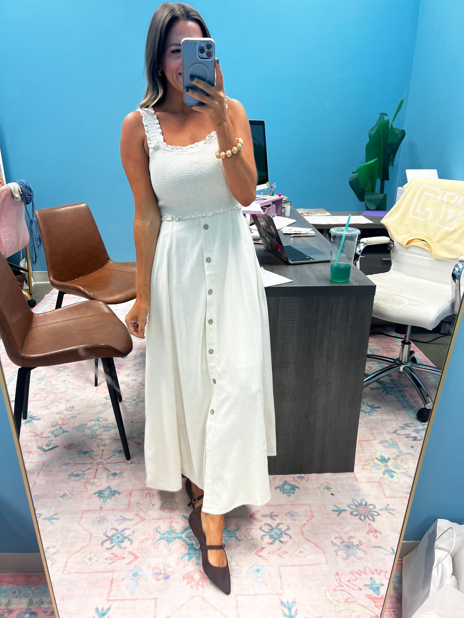 The Meadow Breeze Smocked Midi- Khaki
