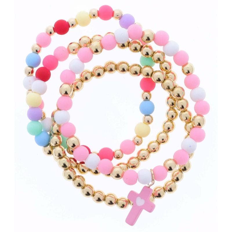 Kids Set of 4, Beaded, Pink Cross Stretch Bracelet