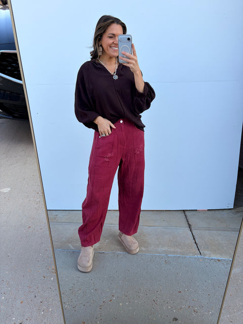 Vivid Fade Barrel Jeans - Washed Burgundy