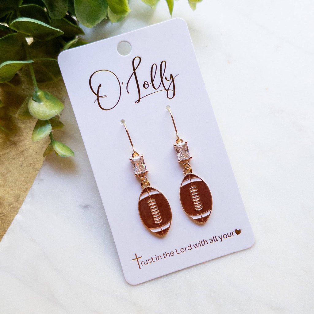 Gold Football Dangle Earrings with Cubic Zirconia Accent “Blitz”