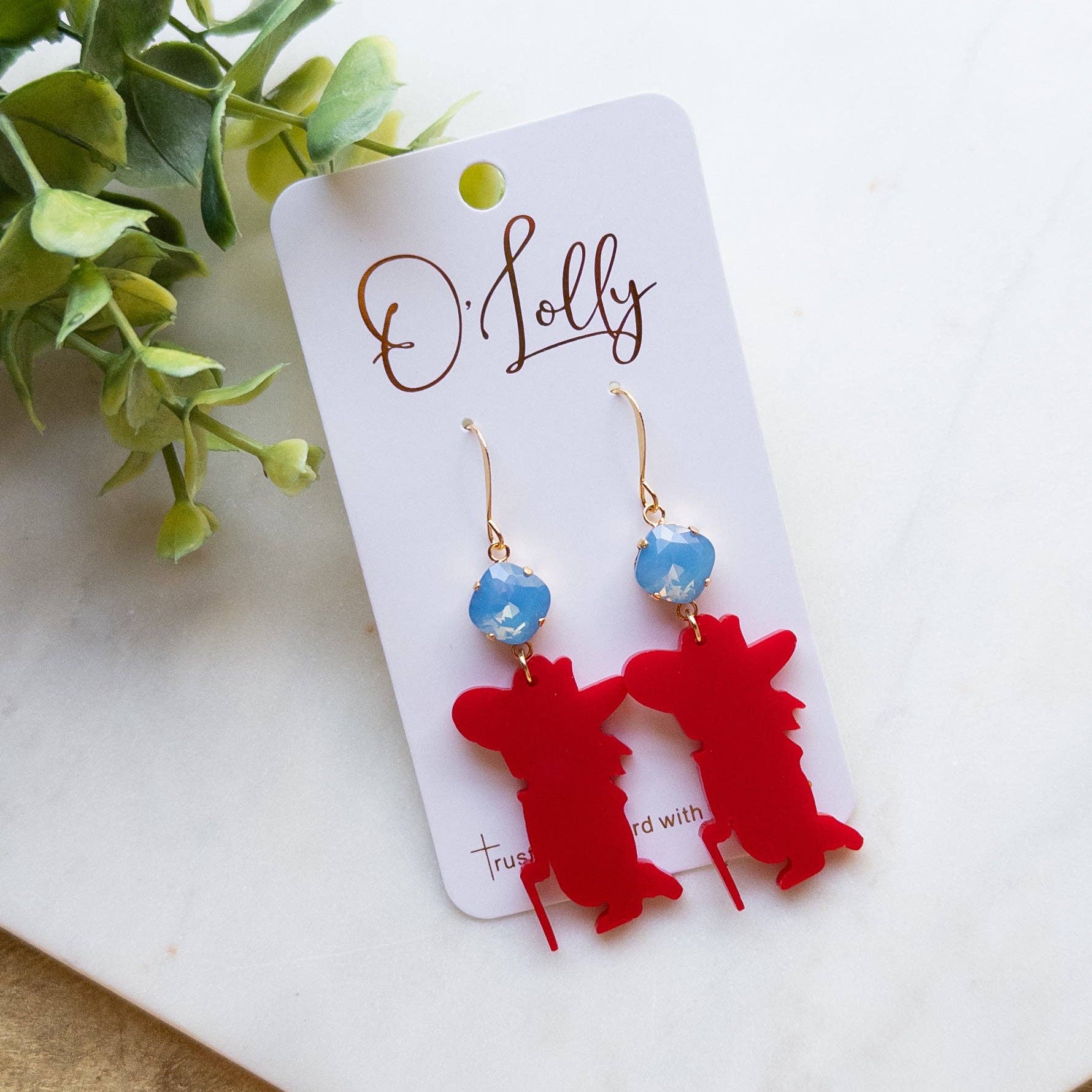 Red Acrylic Rebel Man Earrings w/Blue Stone
