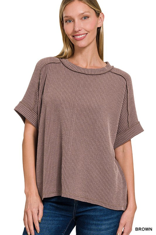 Struck A Cord Short Sleeve  Crew Neck -Brown