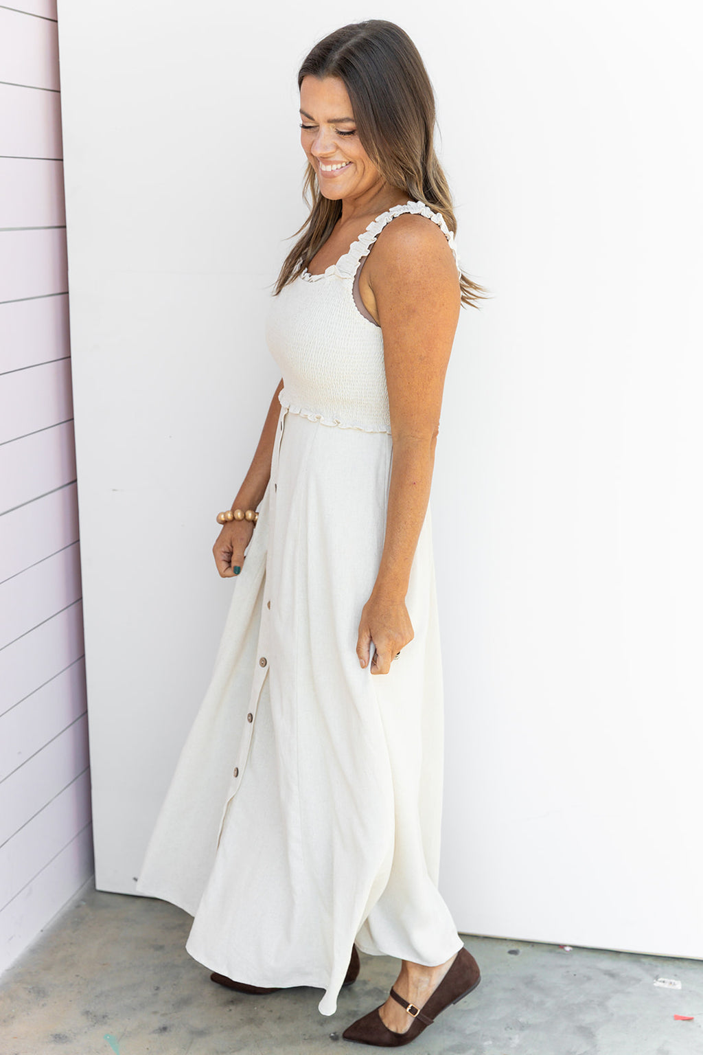 The Meadow Breeze Smocked Midi- Khaki