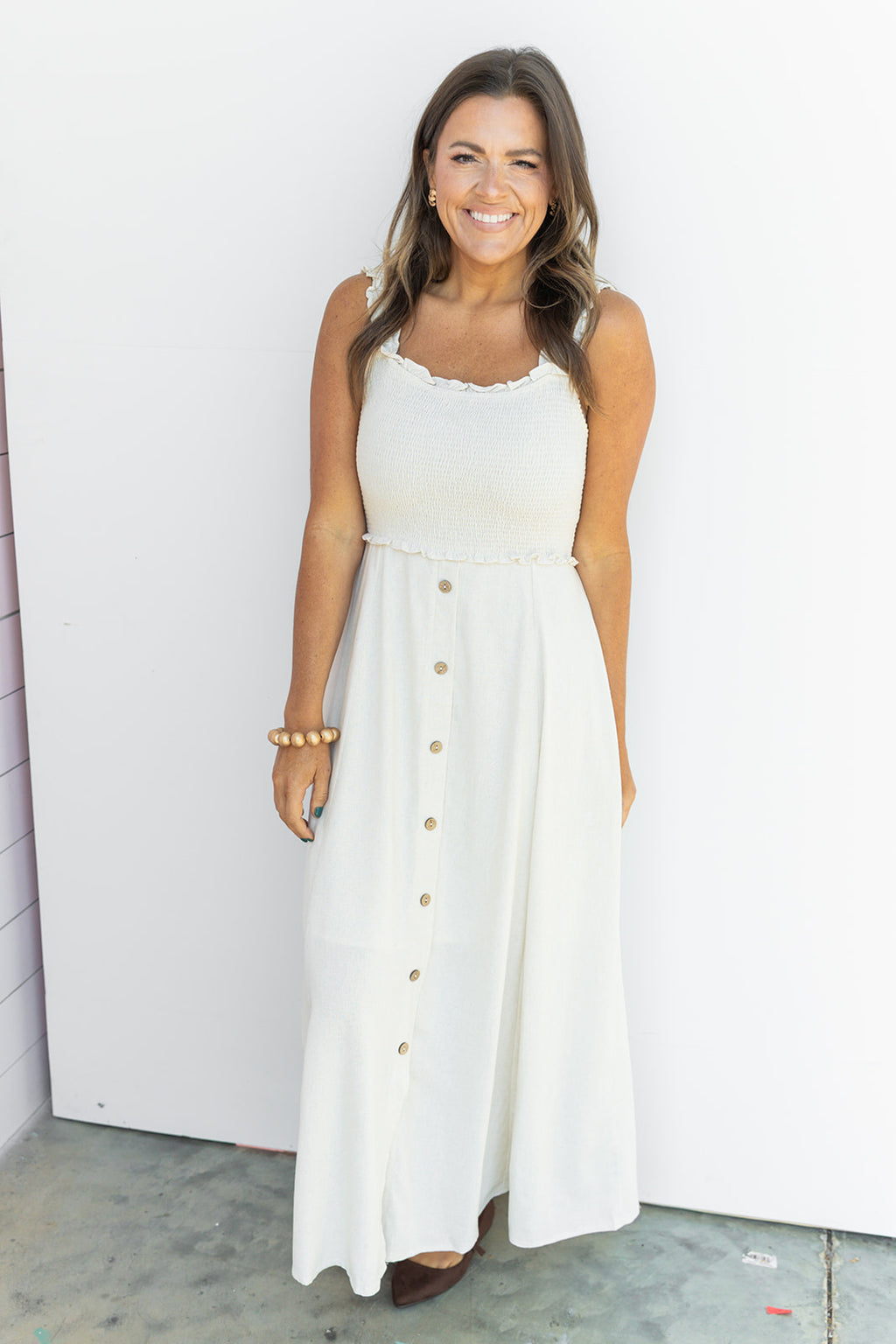The Meadow Breeze Smocked Midi- Khaki