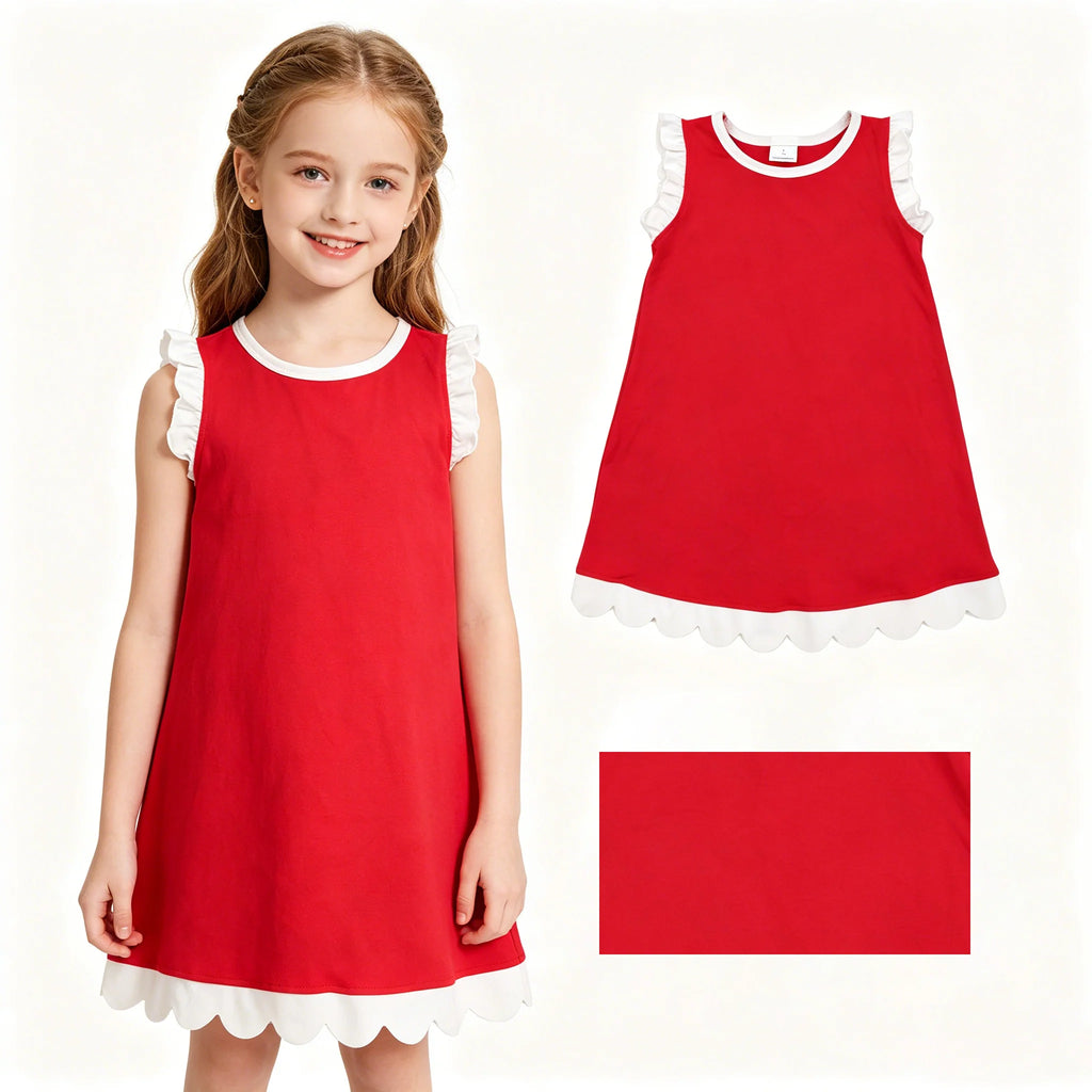 Cotton Scalloped Dress - Red/white