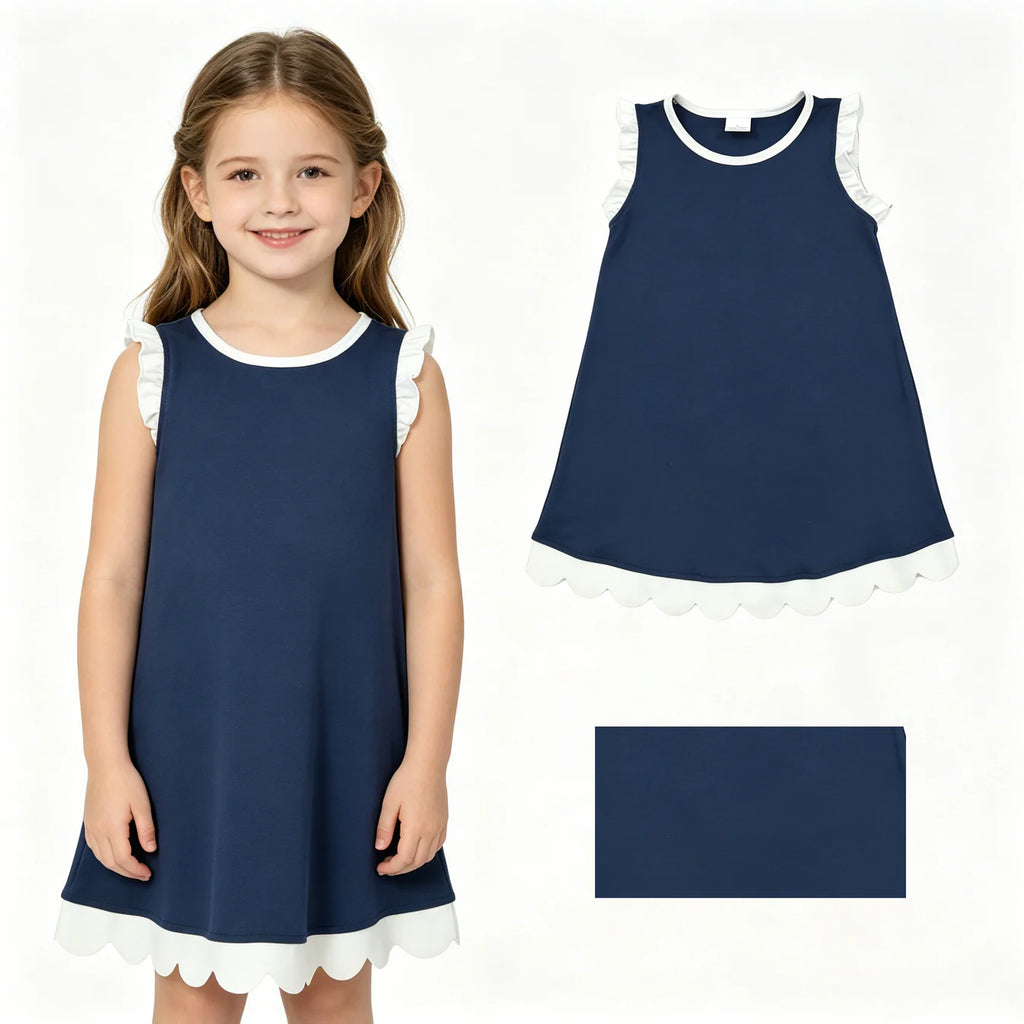 Cotton Scalloped Dress - Navy