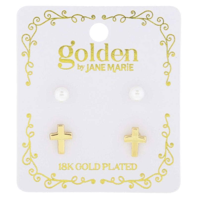 Kids 18K Gold Plated 2 Stud Set, Pearl, Cross Earrings