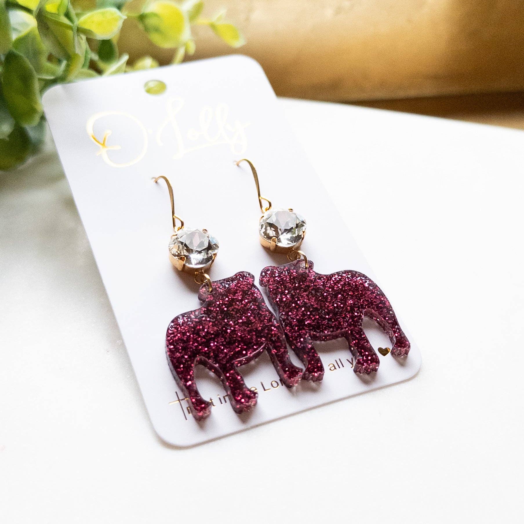 Maroon Glitter Acrylic Bulldog w/Clear Stone