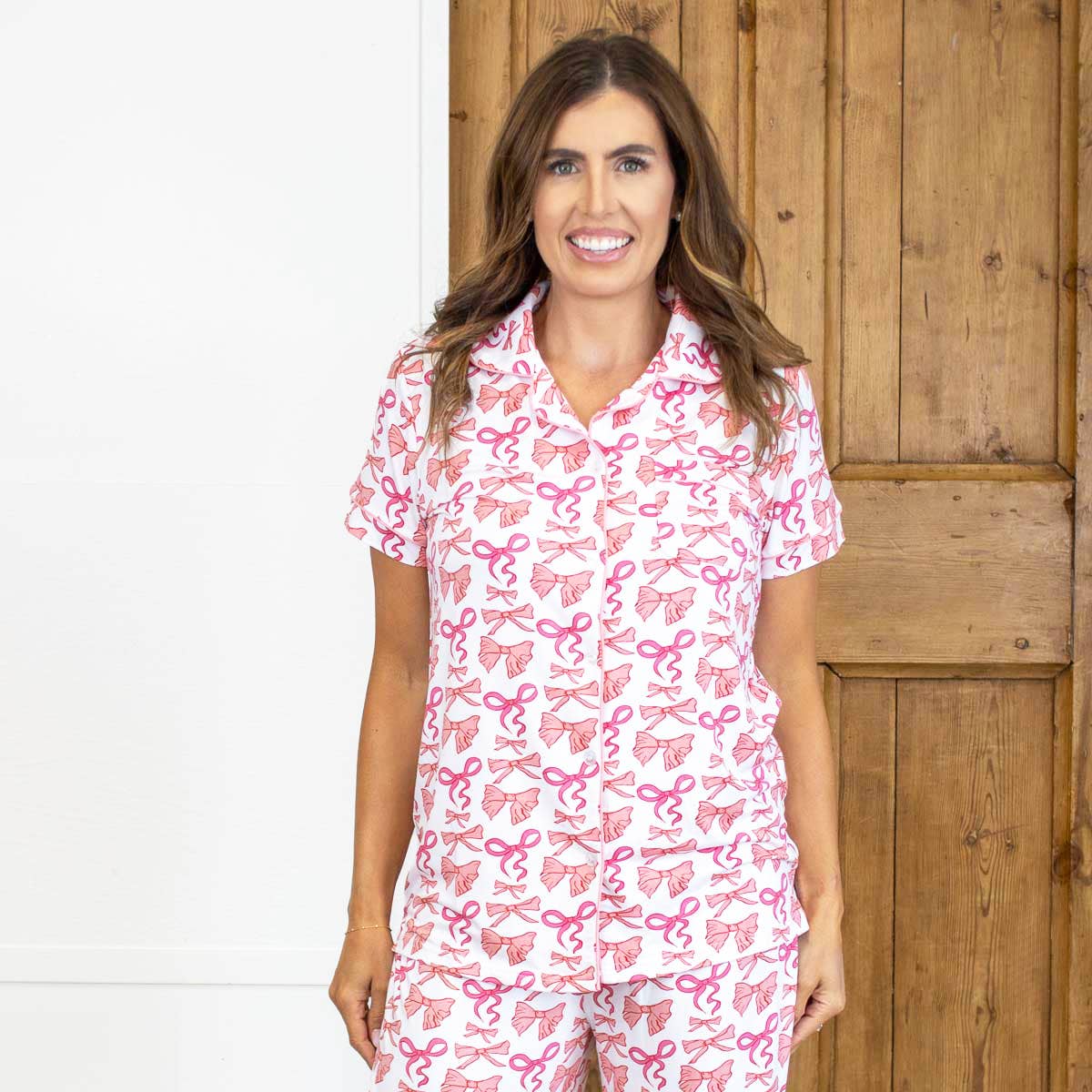 Sutton Bow Short Sleeve Button Up Sleep Shirt   White/Pink   -Asst.: XSmall