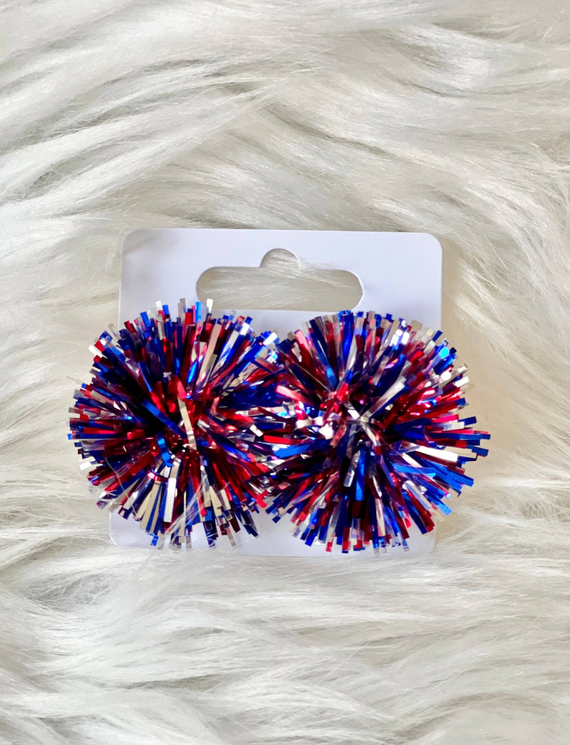 Red, Silver, and Blue Tinsel Party Pom Stud