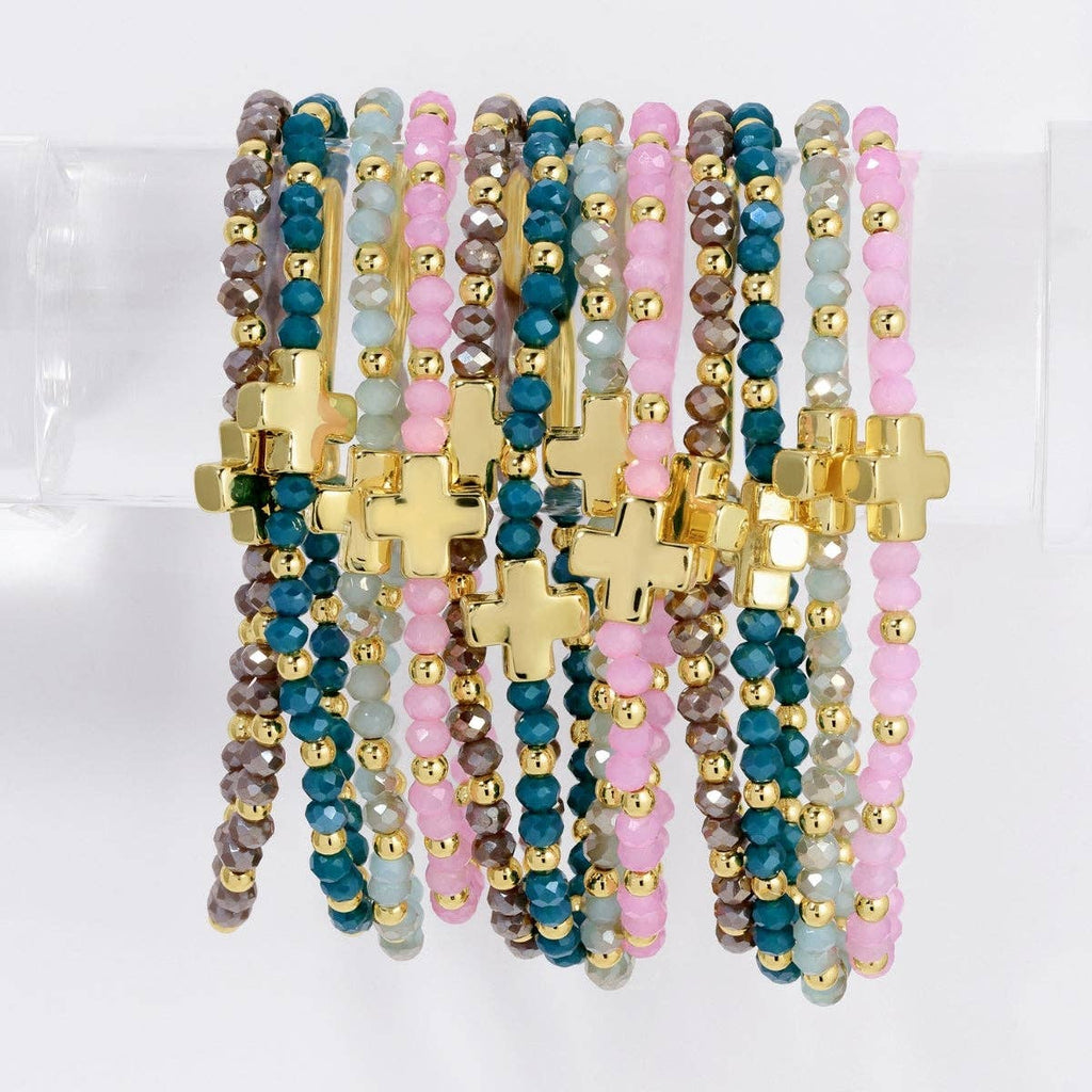 Assorted Crystal Stretch Bracelets w/ Single Balanced Cross: Soft