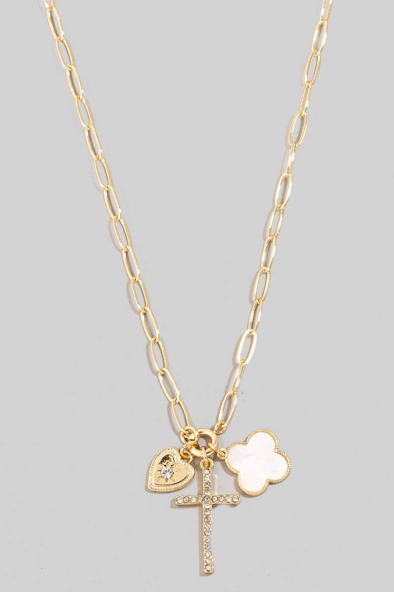 Pave Heart Cross And Shell Clover Charms Chain Necklace: GDCRM