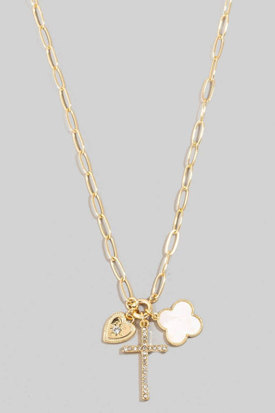 Pave Heart Cross And Shell Clover Charms Chain Necklace: GDCRM