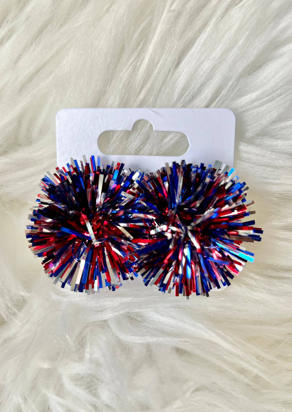 Red, Silver, and Blue Tinsel Party Pom Stud