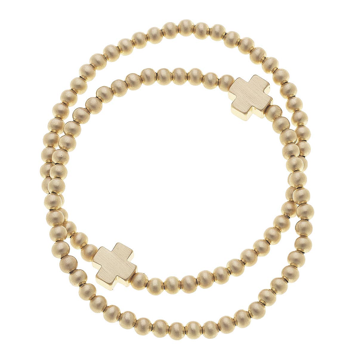 Isa Cross Ball Bead Stretch Bracelets (Set of 2): Satin Gold