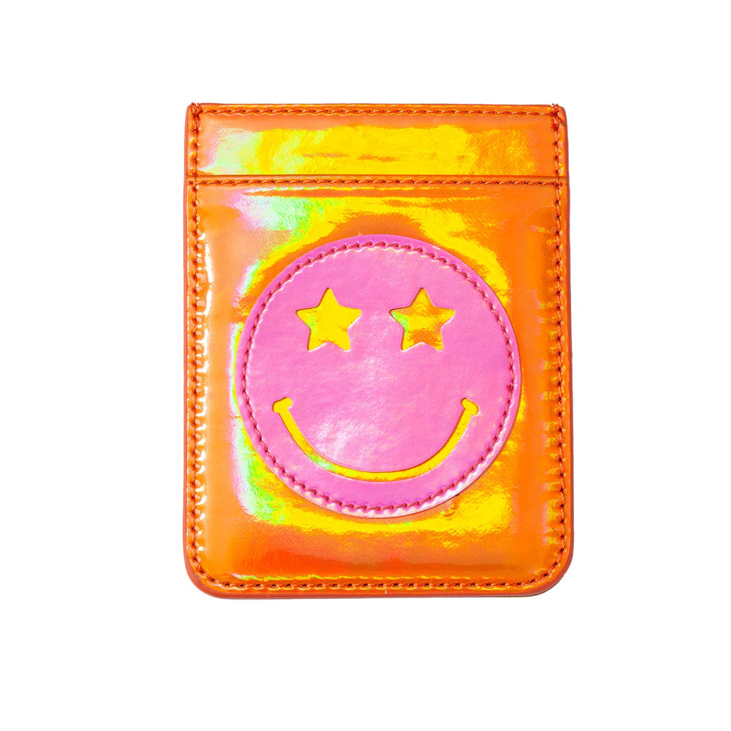 Iridescent Orange with Pink Star Eye Happy Face Phone Wallet