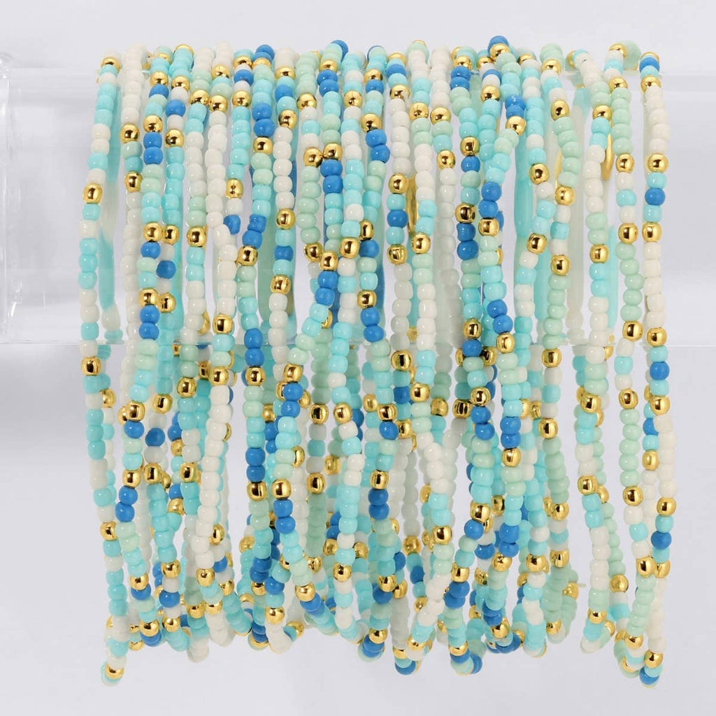 Assorted 2mm Stretch Seed Bead Bracelets: Blue/Mint/White