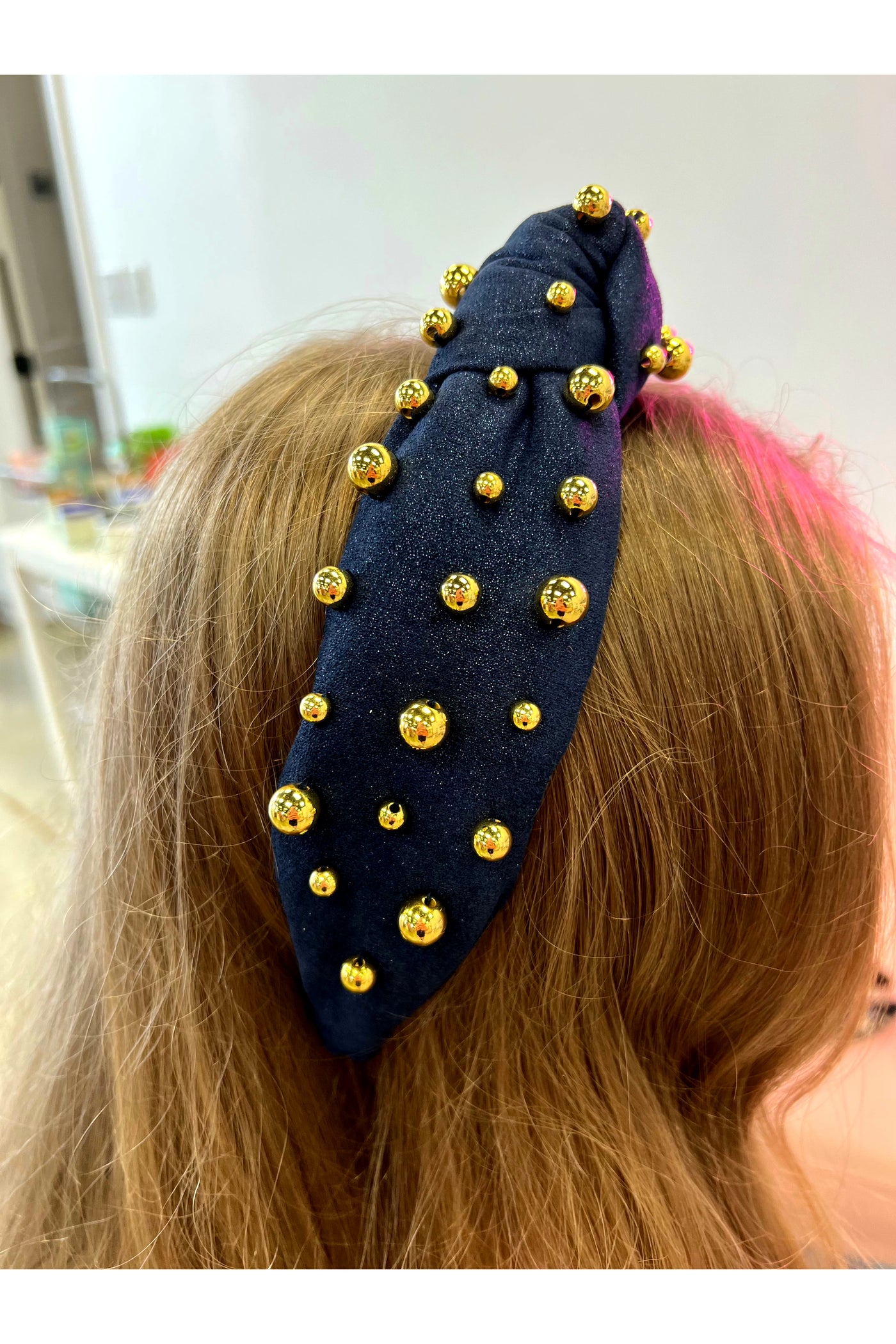 Navy Shimmer Headband with Gold Beads